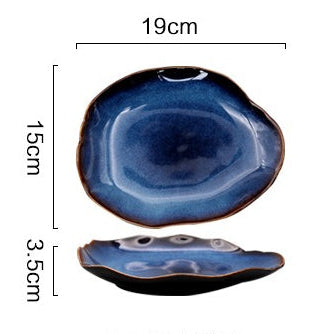 Blue ceramic dish with dimensions and weight displayed on a white background